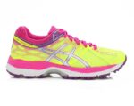 A right-hand side view of the Asics Gel Cumulus 17 GS, in Flash Yellow/Grape/Pink Glow.