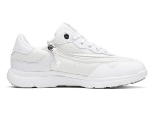 A right-hand side view of the Friendly Shoes Voyage, in White.