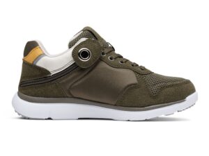 A right-hand side view of the Friendly Shoes Excursion Mid-top, in Khaki.