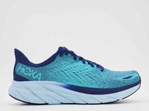 A right-hand side view of the HOKA Clifton 8, in Bellwether Blue/Scuba Blue.