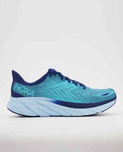 A right-hand side view of the HOKA Clifton 8, in Bellwether Blue/Scuba Blue.