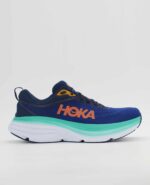 A right-hand side view of the HOKA Bondi 8, in Outer Space/Bellwether Blue.