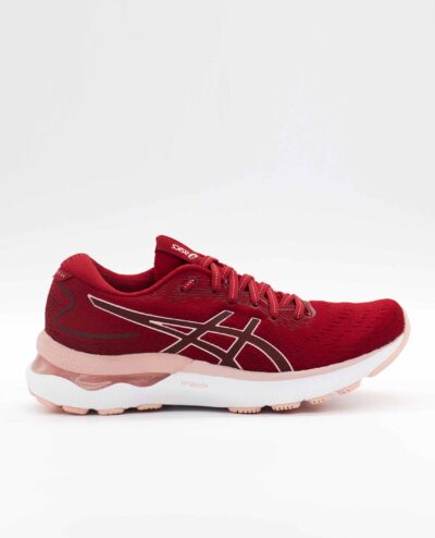 A right-hand side view of the Asics Gel Nimbus 24, in Cranberry/Frosted Rose.