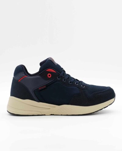 A right-hand side view of the Friendly Shoes Excursion Mid-top, in Deep Sea Navy.