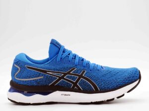 A right-hand side view of the Asics Gel Nimbus 24, in Electric Blue/Piedmont Grey.