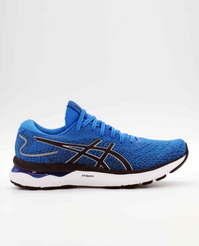 A right-hand side view of the Asics Gel Nimbus 24, in Electric Blue/Piedmont Grey.