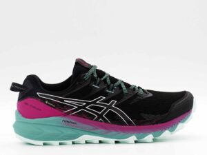 A right-hand side view of the Asics Gel Trabuco 10 GTX, in Black/Soothing Sea.