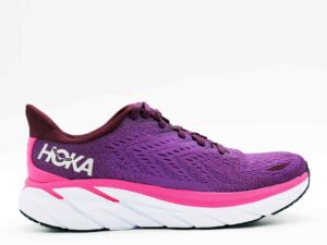 A right-hand side view of the HOKA Clifton 8, in Grape Wine/Beautyberry.