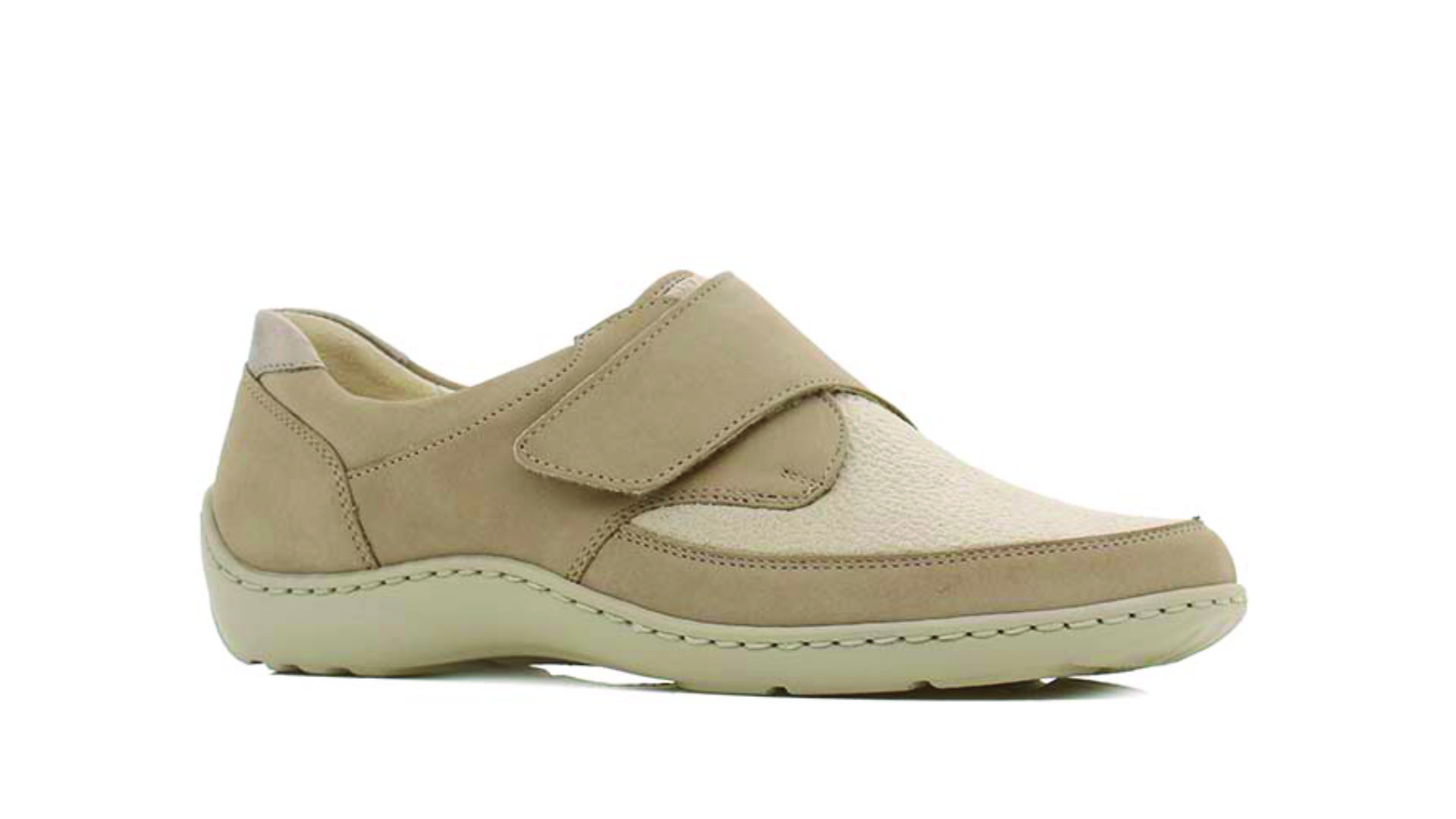 A pair of beige Waldlaufer Henni shoes, showcasing the soft upper and ample room for toes that make them suitable for hammer toes.