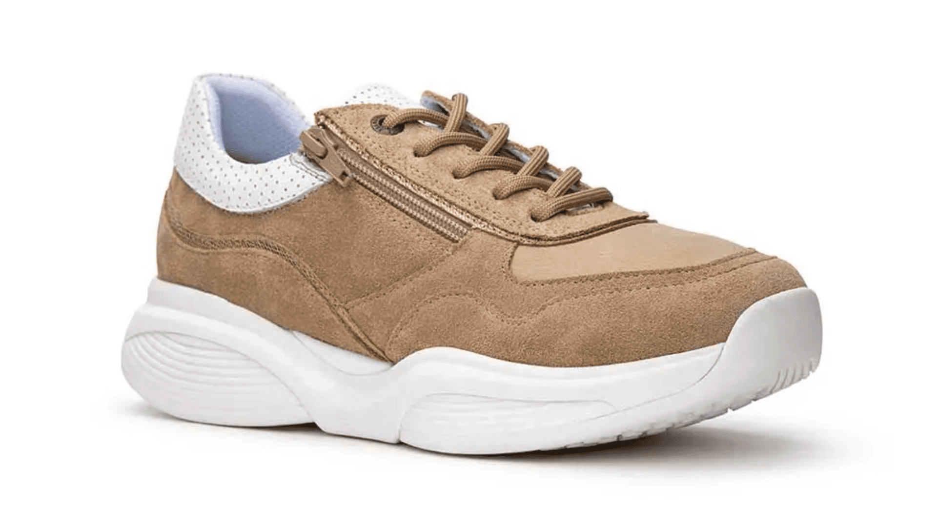 This Xsensible SWX11 in White/Caramel, is a women’s casual shoe boasting a side zip in addition to laces, to make it easier to slip in and out of. The shoes have extra width and a forefoot rocker to help relieve pain & discomfort caused by bunions.