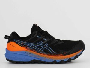 A side view of the Asics Gel Trabuco 10 GTX, in Black/Blue Harmony.