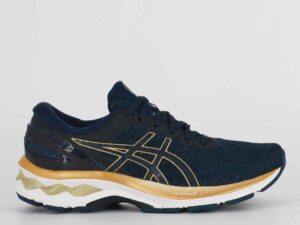 A side view of the Asics Gel Kayano 27, in French Blue/Champagne.