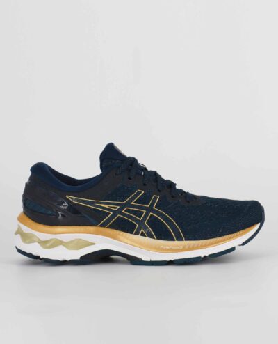 A side view of the Asics Gel Kayano 27, in French Blue/Champagne.
