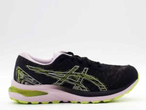 A side view of the Asics Gel Cumulus 23 GS, in Black/Barely Rose.