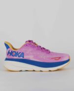 A side view of the HOKA Clifton 9, in Cyclamen/Sweet Lilac.