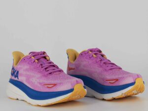 A group view of the HOKA Clifton 9, in Cyclamen/Sweet Lilac.
