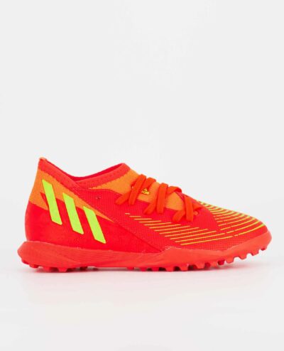 A side view of the Adidas Predator Edge.3 Turf, in Solar Red/Solar Green/Core Black.