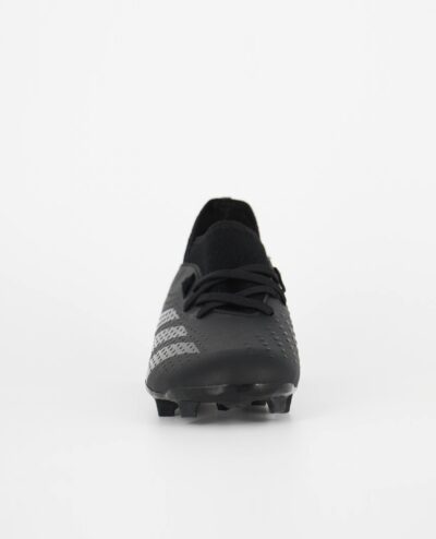 A front view of the Adidas Predator Accuracy.3 Firm Ground, in Core Black/Core Black/Cloud White.