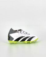 A side view of the Adidas Predator Accuracy.3 Firm Ground, in Cloud White/Core Black/Lucid Lemon.
