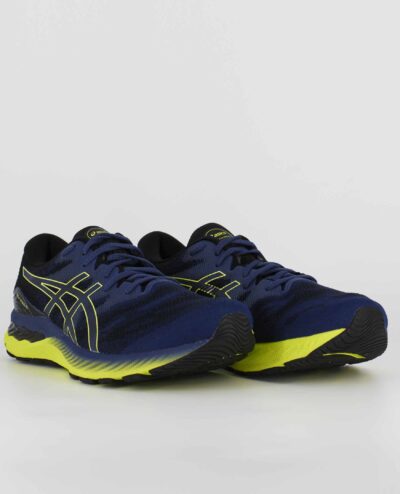 A group view of the Asics Gel Nimbus 23, in Thunder Blue/Glow Yellow.