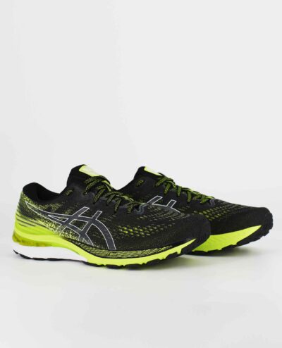 A group view of the Asics Gel Kayano 28, in Black/Hazard Green.