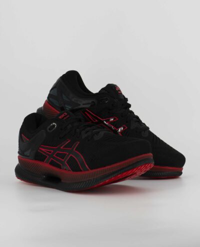 A group view of the Asics MetaRide, in Black/Electric Red.