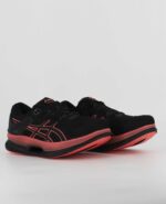 A group view of the Asics MetaRide, in Black/Blazing Coral.