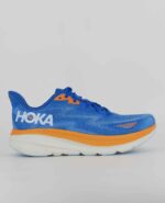 A side view of the HOKA Clifton 9, in Coastal Sky/All Aboard.