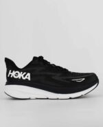 A side view of the HOKA Clifton 9, in Black/White.