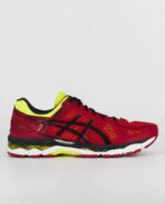 A side view of the Asics Gel Kayano 22, in Red Pepper/Black/Flash Yellow.