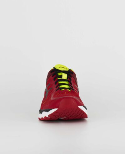A front view of the Asics Gel Kayano 22, in Red Pepper/Black/Flash Yellow.