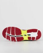 An underside view of the Asics Gel Kayano 22, in Red Pepper/Black/Flash Yellow.