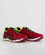 A group view of the Asics Gel Kayano 22, in Red Pepper/Black/Flash Yellow.