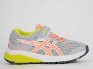 A side view of the Asics GT 1000 8 PS, in Piedmont Grey/Sun Coral.