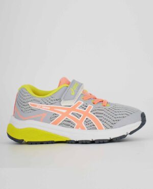 A side view of the Asics GT 1000 8 PS, in Piedmont Grey/Sun Coral.