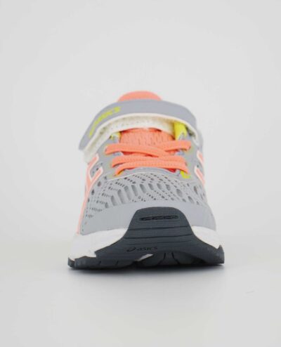 A front view of the Asics GT 1000 8 PS, in Piedmont Grey/Sun Coral.