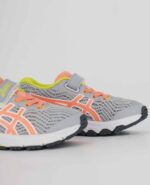 A close-up of the Asics GT 1000 8 PS, in Piedmont Grey/Sun Coral.