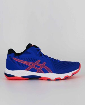 A side view of the Asics Netburner Ballistic FF MT 2, in Lapis Lazuli Blue/Blazing Coral.