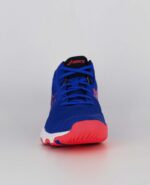 A front view of the Asics Netburner Ballistic FF MT 2, in Lapis Lazuli Blue/Blazing Coral.