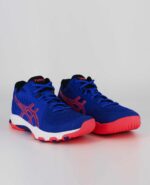 A group view of the Asics Netburner Ballistic FF MT 2, in Lapis Lazuli Blue/Blazing Coral.