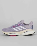 A side view of the Adidas Solarglide 6, in Silver Dawn/Cloud White/Pulse Magenta.