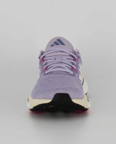 A front view of the Adidas Solarglide 6, in Silver Dawn/Cloud White/Pulse Magenta.