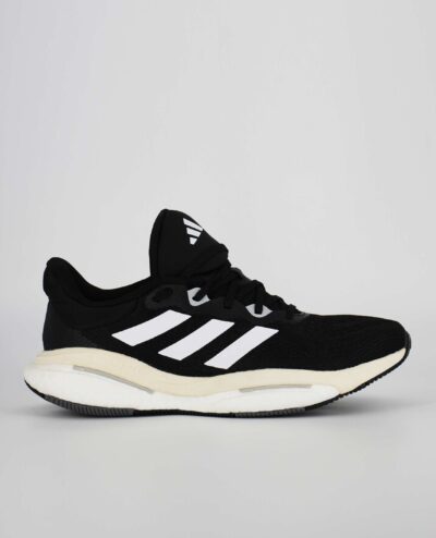 A side view of the Adidas Solarglide 6, in Core Black/Cloud White/Grey Two.