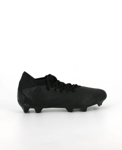A side view of the Adidas Predator Accuracy.3 Firm Ground, in Core Black/Core Black/Cloud White.