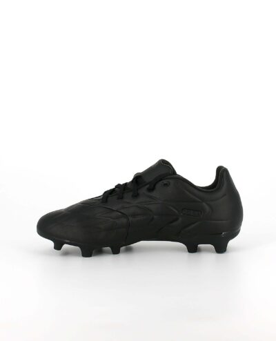 A side view of the Adidas Copa Pure.3 Firm Ground, in Core Black/Core Black/Core Black.