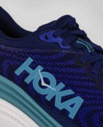 An extreme close-up of the HOKA Gaviota 5, in Bellwether Blue/Evening Sky.