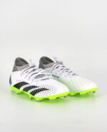 A twin view of the Adidas Predator Accuracy.3 Firm Ground, in Cloud White/Core Black/Lucid Lemon.