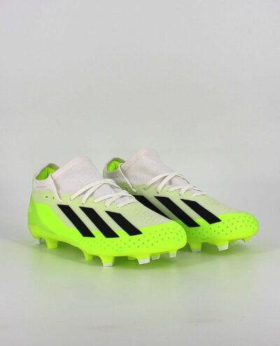 A twin view of the Adidas X Crazyfast.3 Firm Ground, in Cloud White/Core Black/Lucid Lemon.