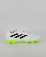 A side view of the Adidas Copa Pure.3 Firm Ground, in Cloud White/Core Black/Lucid Lemon.