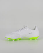 A side view of the Adidas Copa Pure.3 Firm Ground, in Cloud White/Core Black/Lucid Lemon.